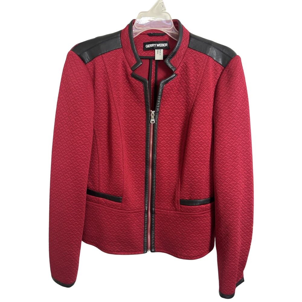 Gerry Weber Red Black Quilted Faux Leather Blazer Jacket 8 Moto Office Full Zip